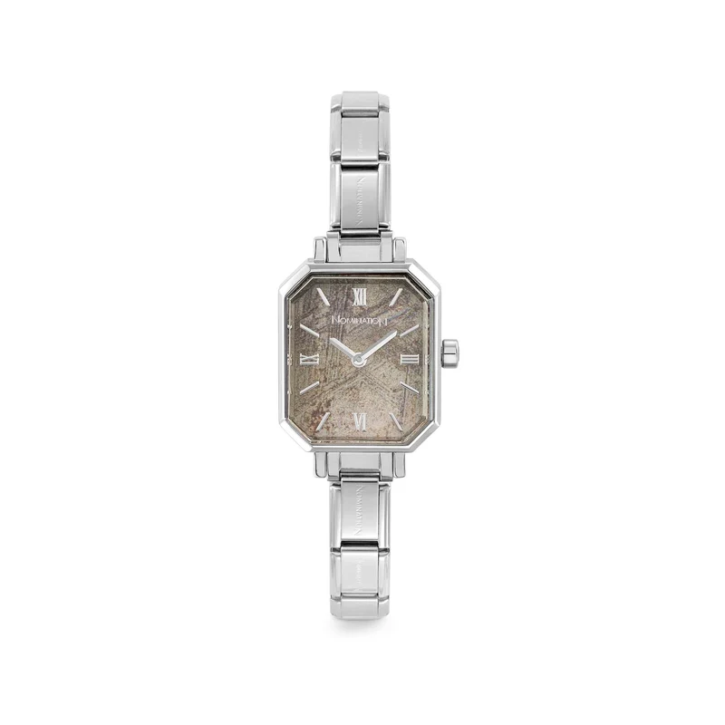 Time Paris Rectangle Meteorite Grey Dial & Silver Charm Bracelet Watch