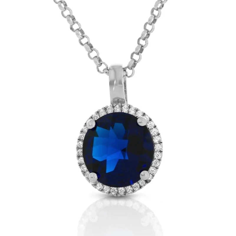 Kette mit Anhänger rund saphierblau royal Zirkonia 925 Sterling Silber