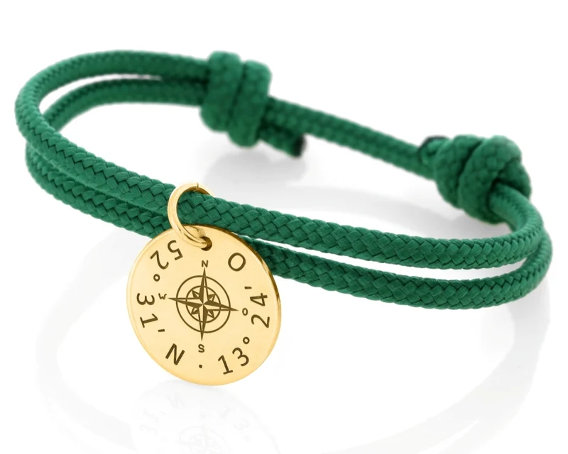 Koordinaten Armband Segelseil grün 3mm Gravur Anhänger vergoldet