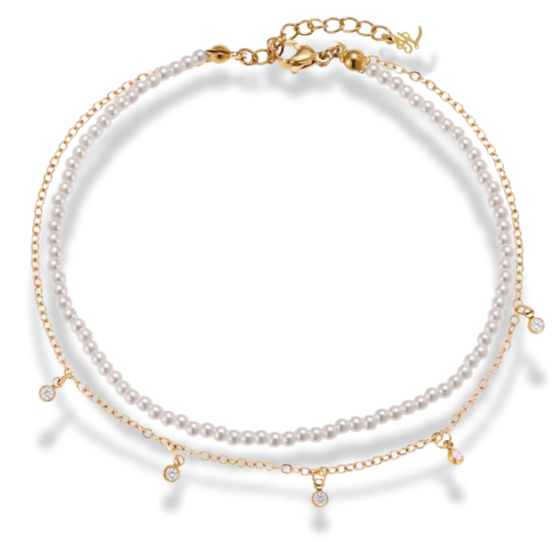 Crystal Dot Pearl Fußkette 14K Vergoldet