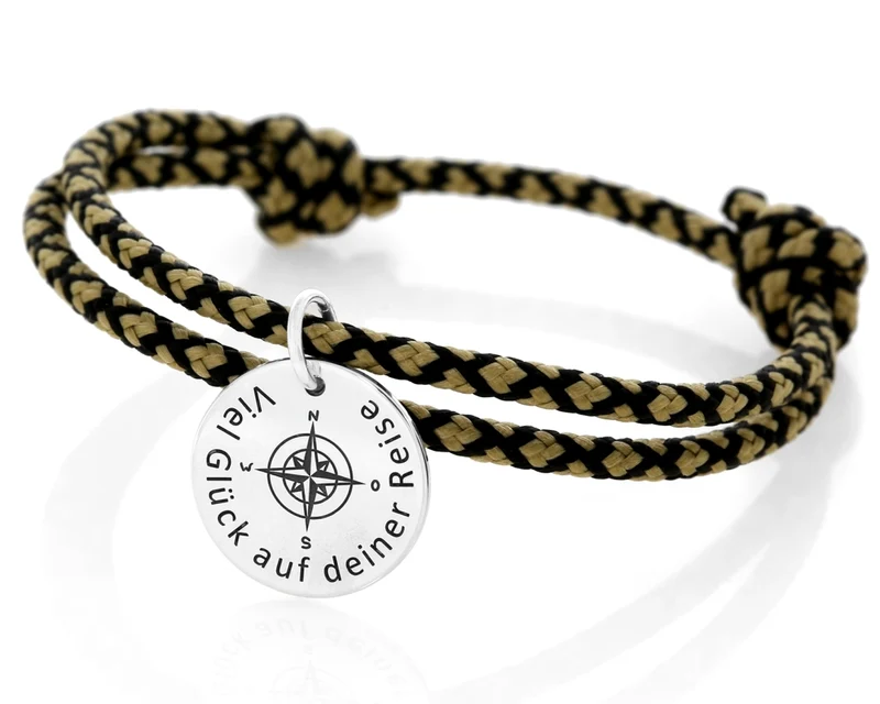 Segelseil 3mm schwarz ocker Armband zum verstellen Gravur Anhänger 925 Sterling Silber