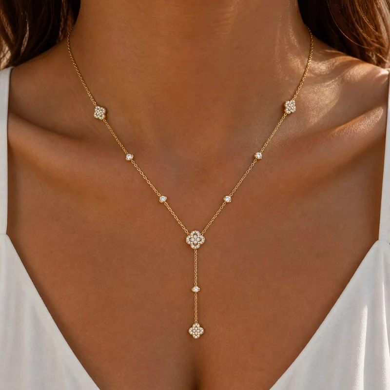 Crystal Lucky Flower Y Kette 14K Vergoldet
