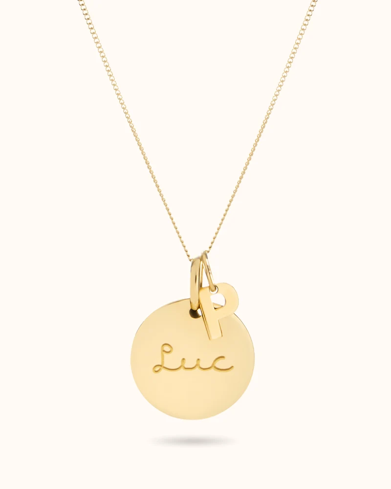 14k Coin Ketting met naam en Initial Charm - Gepersonaliseerde Ketting - 15mm