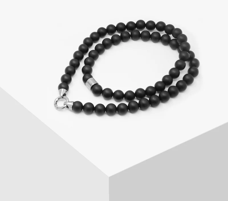 Perlenhalskette Onyx Matt mit Edelstahl Verschluss
