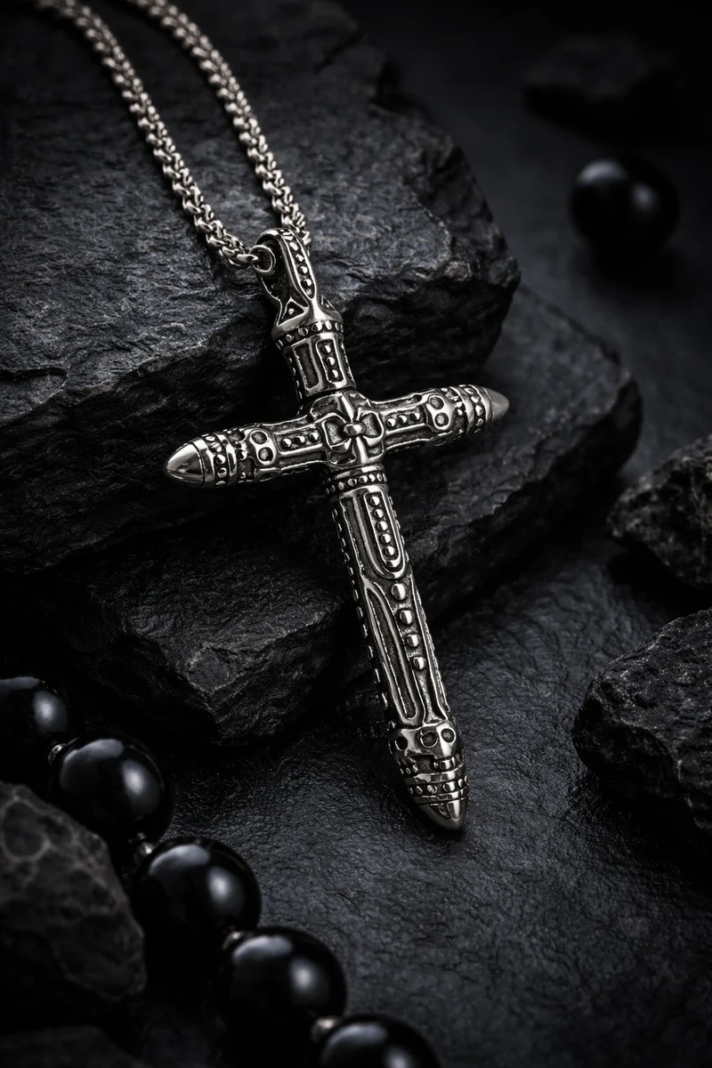 Edelstahl Kreuzanhänger – Ornament Cross (6,5 × 3,9 cm)