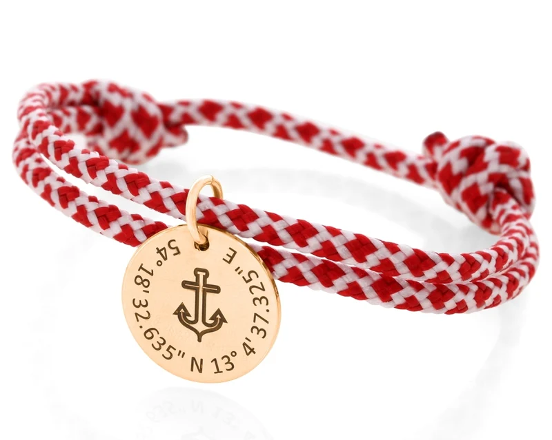 Armband Segelseil 3mm rot weiß Damenschmuck verstellbar Anker Gravur rosé vergoldet