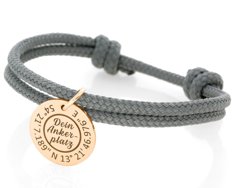Damen Herren Armband Segelseil grau Gravur Anhänger rosé vergoldet 3mm