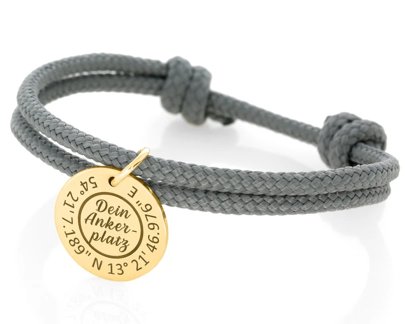 Segelseil 3mm grau Gravur Anhänger vergoldet Schmuck Koordinaten Text