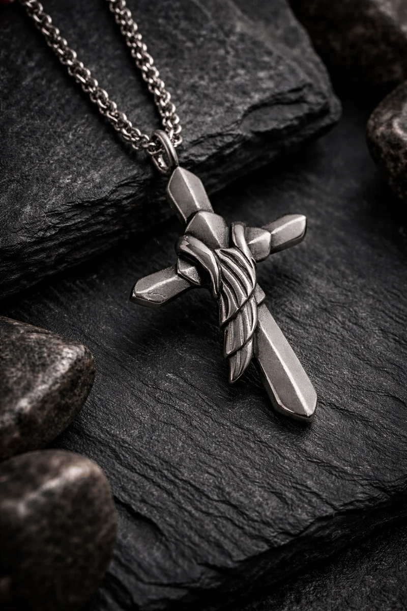 Kreuzanhänger „Tide Cross“ – Edelstahl (antik/silber) | 53×33 mm | 4 mm