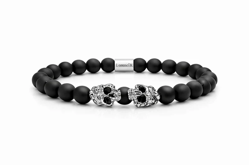 Dual Core – Onyx Matte | Perlenarmband Herren Schwarz 8mm Skull Edelstahl