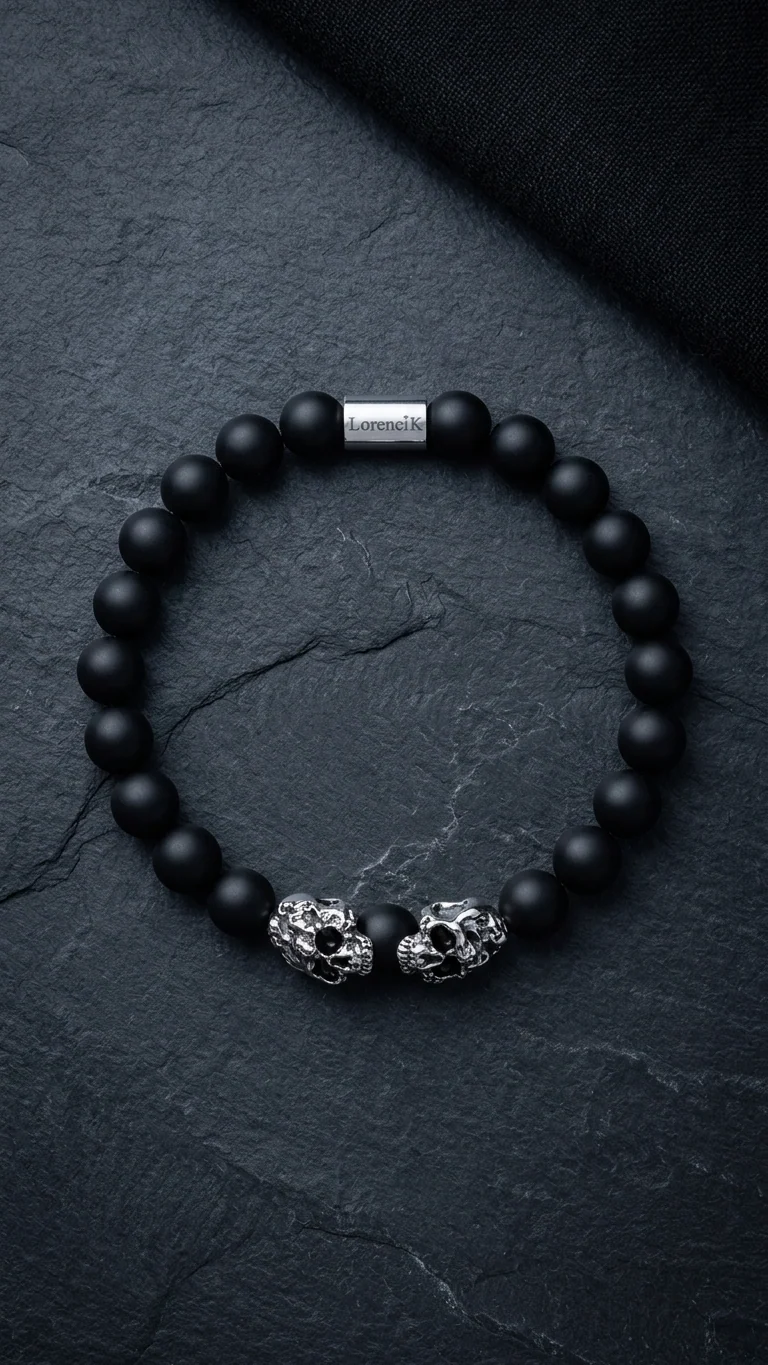 Dual Core – Onyx Matte | Perlenarmband Herren Schwarz 8mm Skull Edelstahl