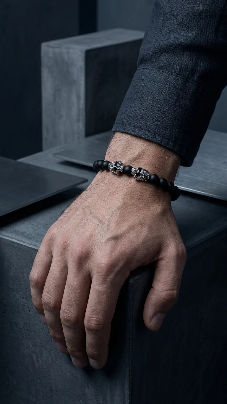 Dual Core – Onyx Matte | Perlenarmband Herren Schwarz 8mm Skull Edelstahl