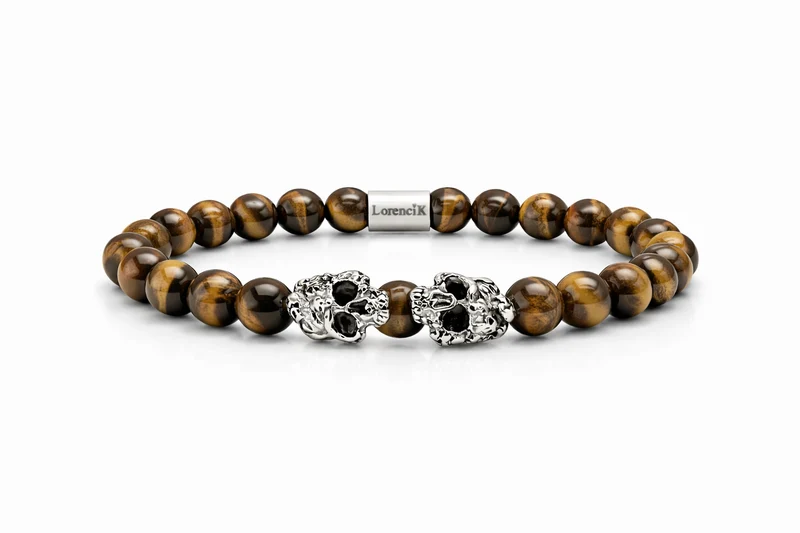 Dual Core – Golden Focus | Perlenarmband Herren Tigerauge 8mm Skull Edelstahl