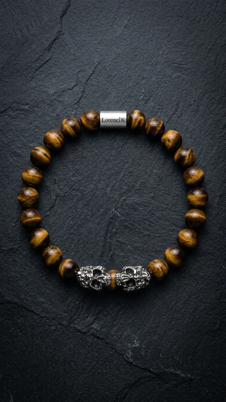 Dual Core – Golden Focus | Perlenarmband Herren Tigerauge 8mm Skull Edelstahl