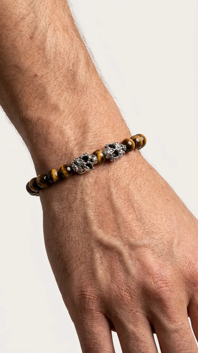 Dual Core – Golden Focus | Perlenarmband Herren Tigerauge 8mm Skull Edelstahl