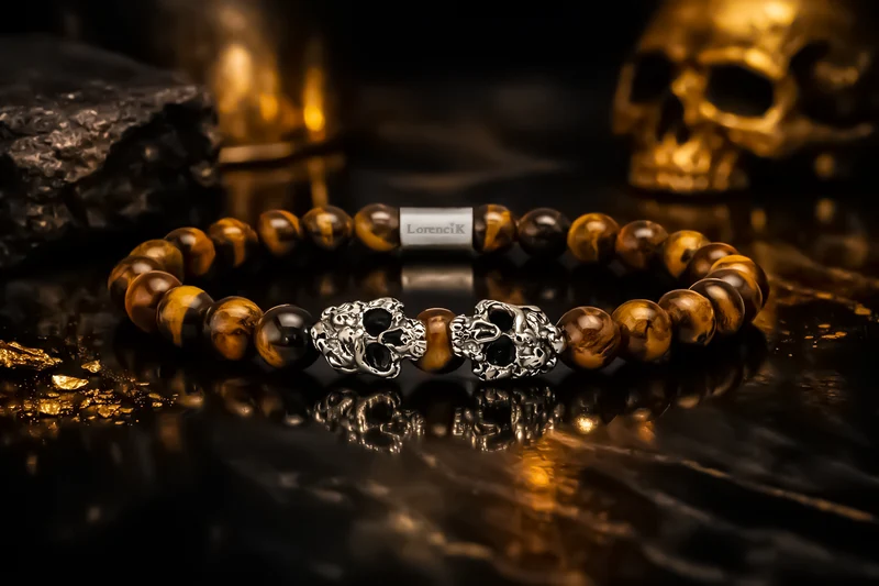 Dual Core – Golden Focus | Perlenarmband Herren Tigerauge 8mm Skull Edelstahl