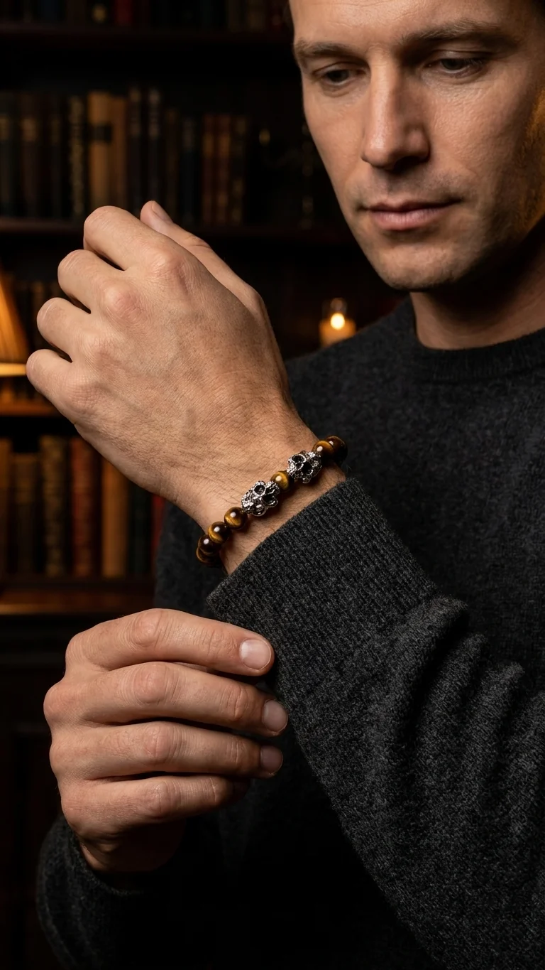 Dual Core – Golden Focus | Perlenarmband Herren Tigerauge 8mm Skull Edelstahl