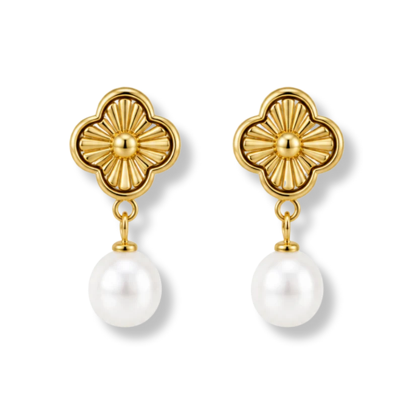 Tiny Precious Golden Lucky Leaf Pearl Ohrstecker 14K Vergoldet