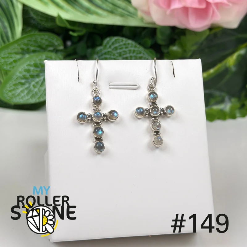 Kreuzförmige Ohrringe aus 925er Sterlingsilber mit Labradorit #E149