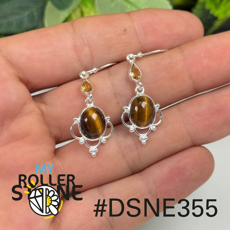 Silberne Tigerauge- und Citrin-Ohrringe #E535