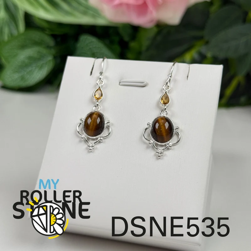Silberne Tigerauge- und Citrin-Ohrringe #E535
