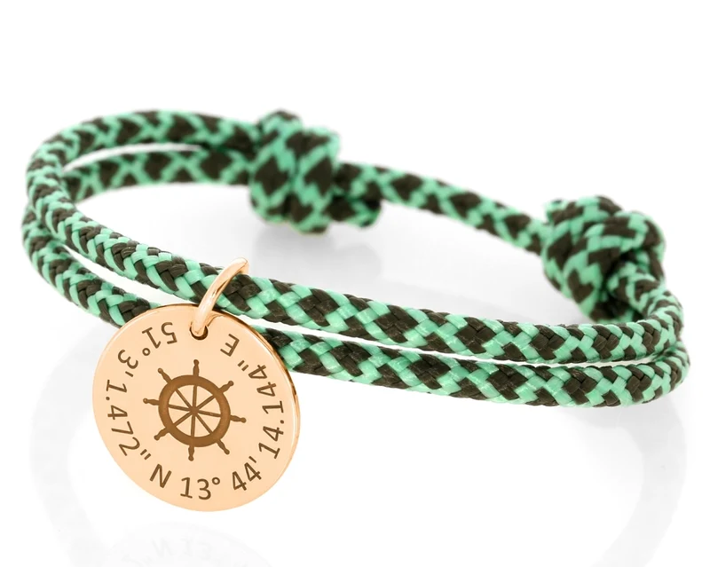 Segelseil 3mm zweifarbig Gravuranhänger rosé vergoldet Steuerrad maritim
