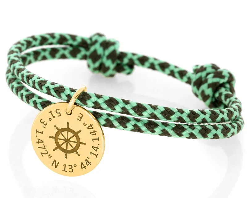 Armband Seil grün braun verstellbar Steuerrad maritim Anhänger vergoldet 3mm