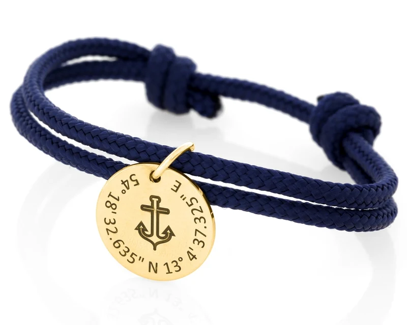 Koordinaten Anker Armband 3mm Segelseil dunkelblau Segler Geschenk 925 Silber vergoldet