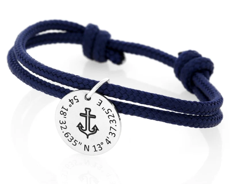 Anker Armband Segelseil 925 Silber Tau 3mm dunkelblau Gravur Koordinaten