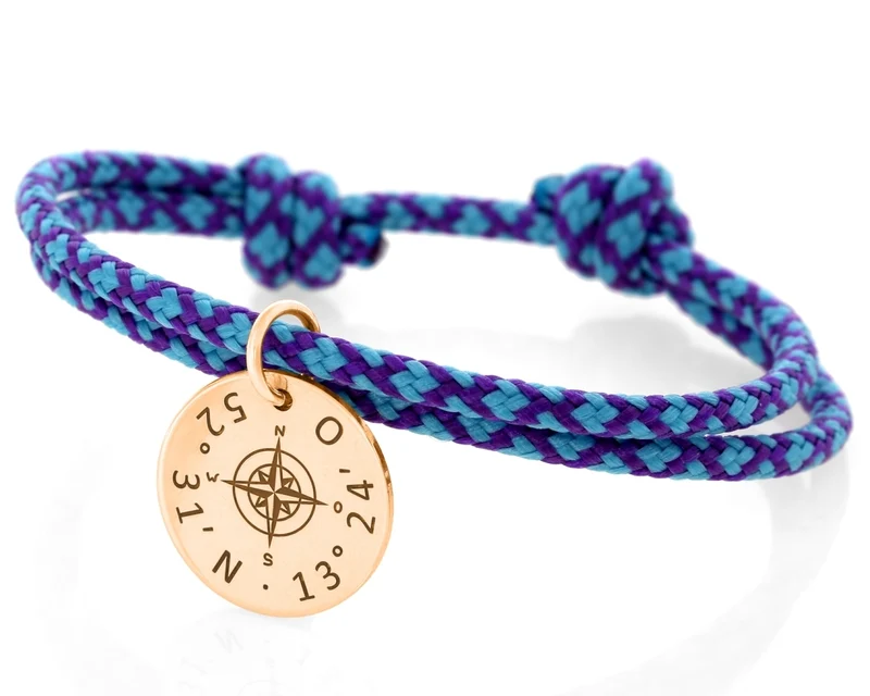 Segel Tau Armband 3mm gemustert blau lila Gravur Anhänger rosé vergoldet