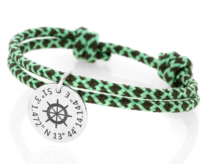 Armband Gravur Segelseil 3mm grün braun gemustert Anhänger 925 Silber Steuerrad