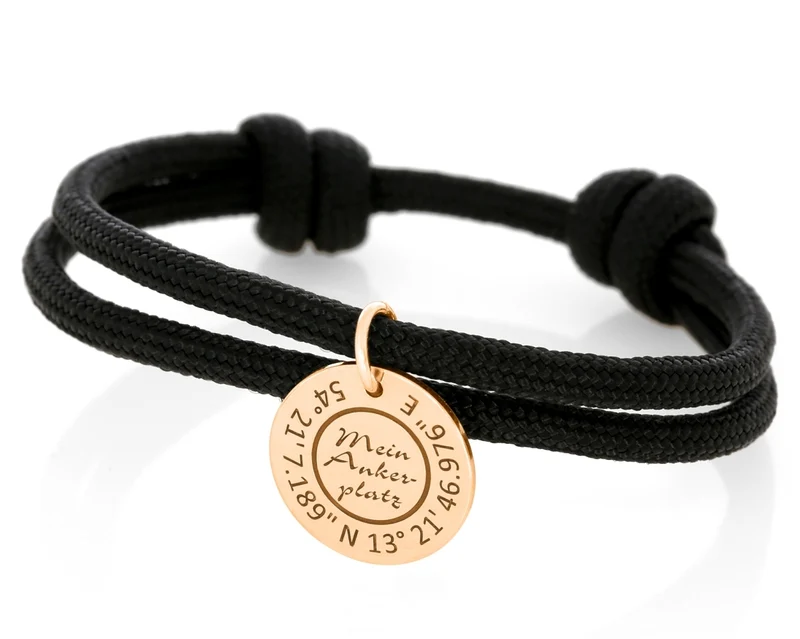 Segeltau Armband schwarz Geschenk Segler Gravur Anhänger roségold