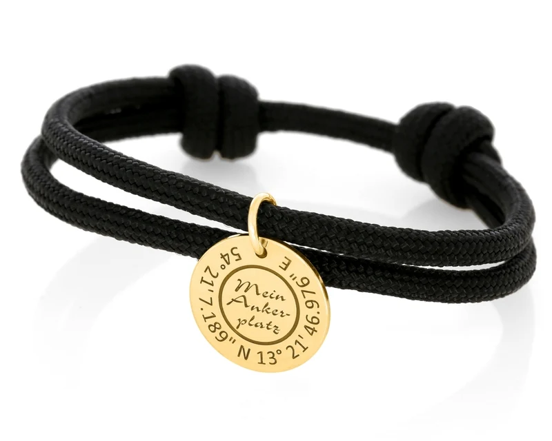 Segelseil Armband schwarz 4mm mit Gravur Geschenk Mann Frau unisex vergoldet