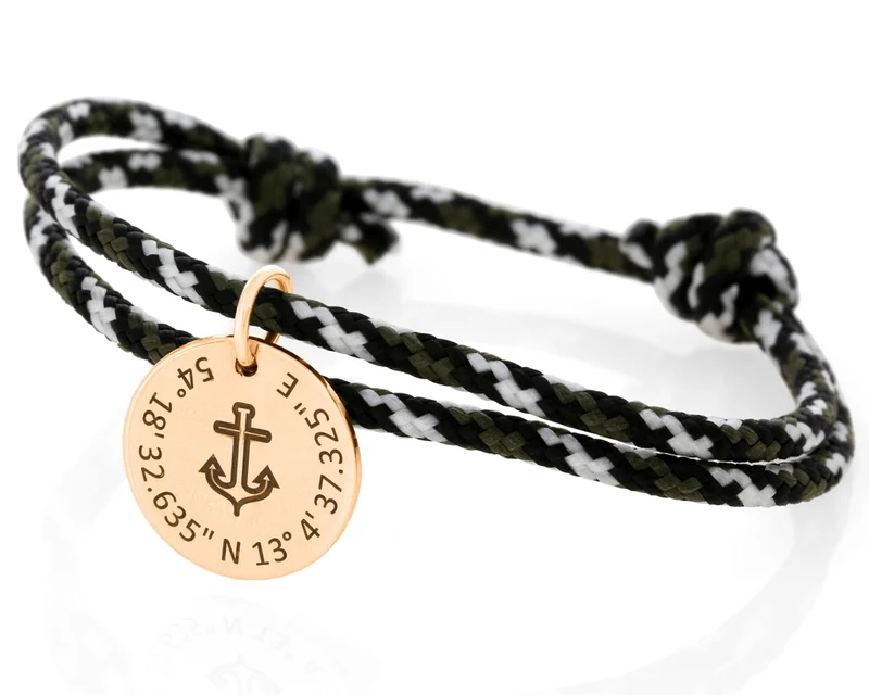 Herrenarmband gemustert Segelseil 3mm Gravur Anker Koordinanten Zahlen Text rosé vergoldet