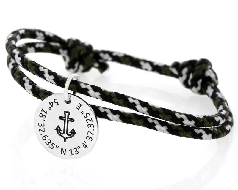 Männerarmband mit Gravur Segelseil 3mm schwarz weiß khaki Anker Schmuck silber