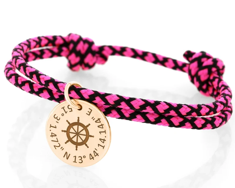 Armband Seil Tau 3mm gemustert pink schwarz Anhänger Gravur Steuerrad rosé vergoldet