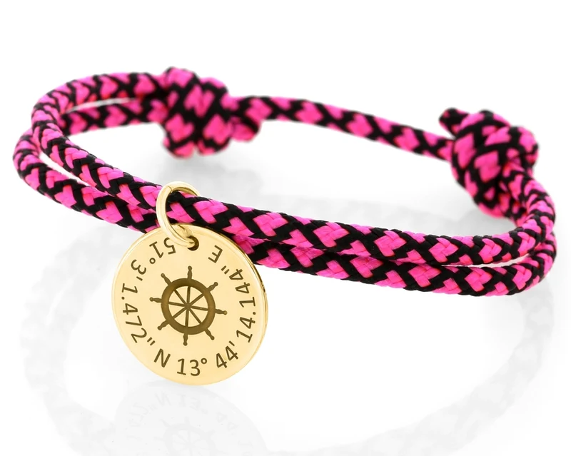 Segelseilarmband 3mm zweifarbig pink schwarnz Anhänger vergoldet