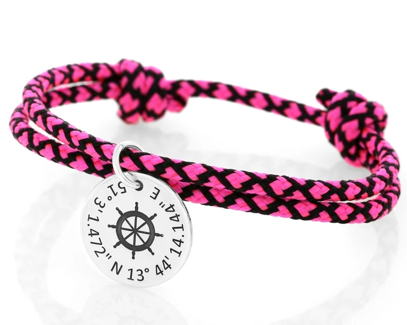 Armband 3mm Damen pink schwarz gemustert Anhänger Steuerrad Gravur 925 Sterling Silber