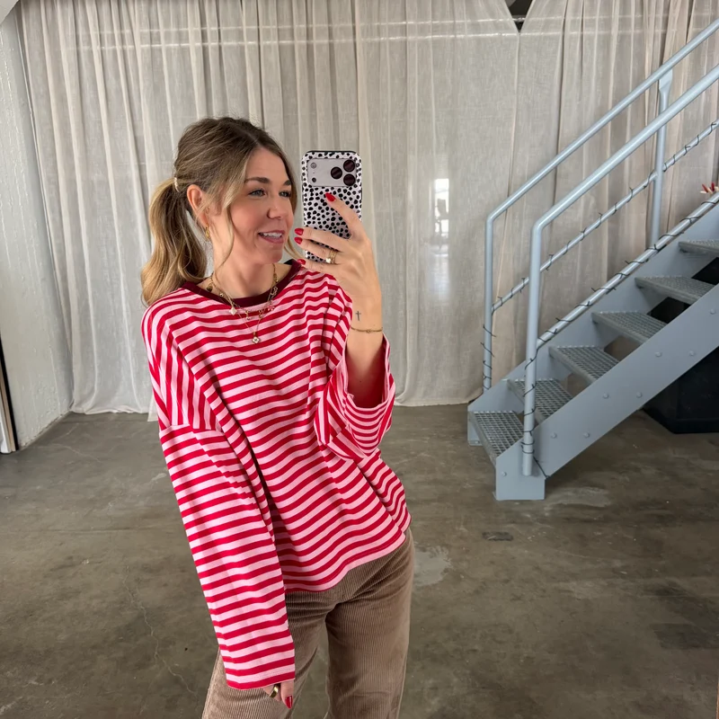 Oversize Longsleeve Stripes - Rosa x Rot
