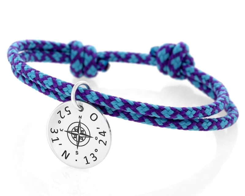 Segelseil 3mm blau lila Koordinaten Gravur Anhänger 925 Silber