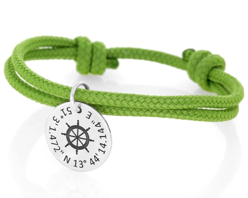 Armband grünes Segelseil 4mm Steuerrad Gravur Anhänger 925 Sterling Silber