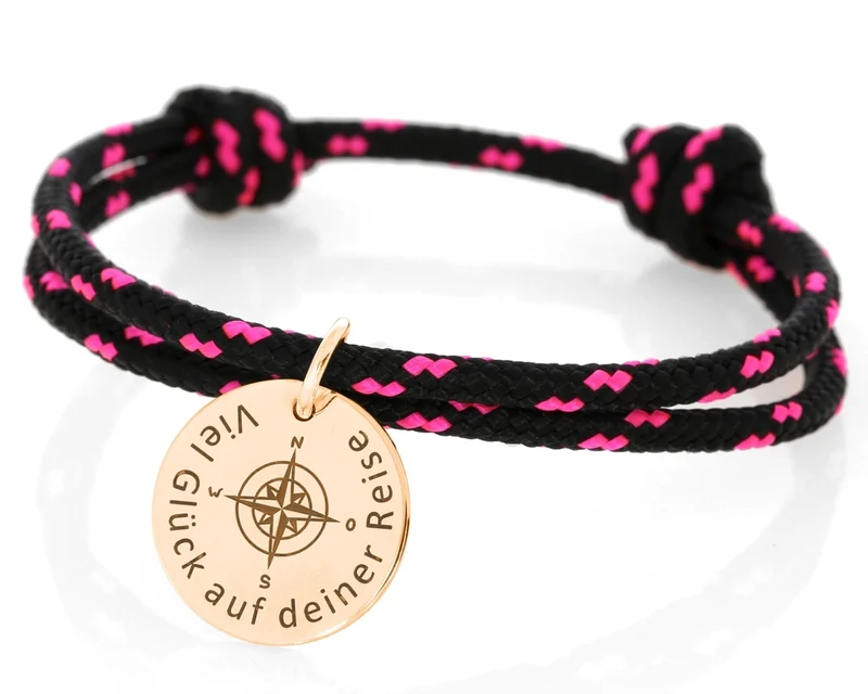 Segeltau Armband Segelseil 3mm schwarz pink Gravur Anhänger rosé vergoldet
