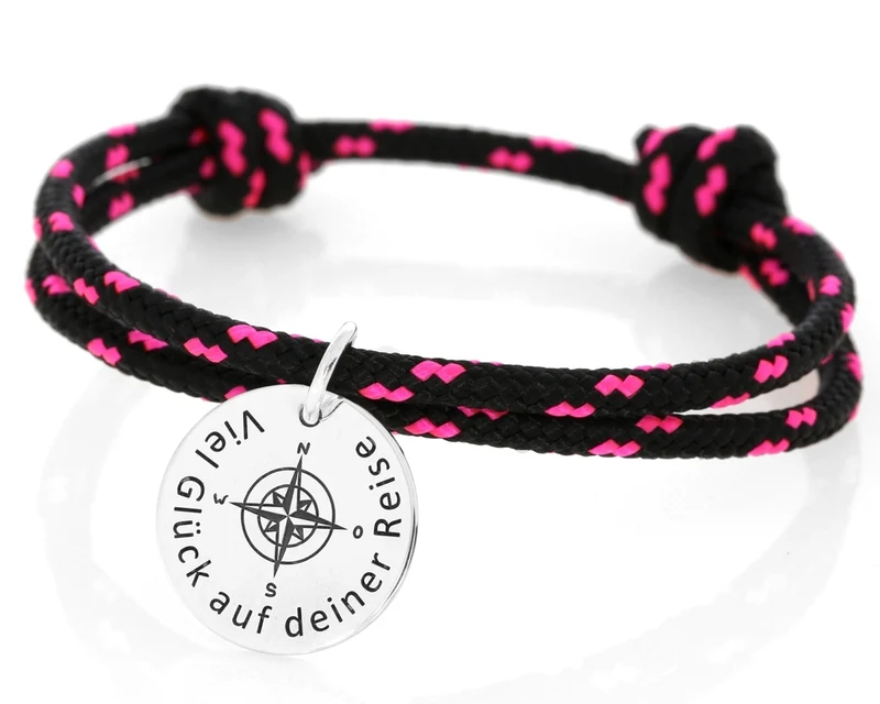 Traveler Armband Segelseil 3mm schwarz pink Damen 925 Sterling Siber Gravur