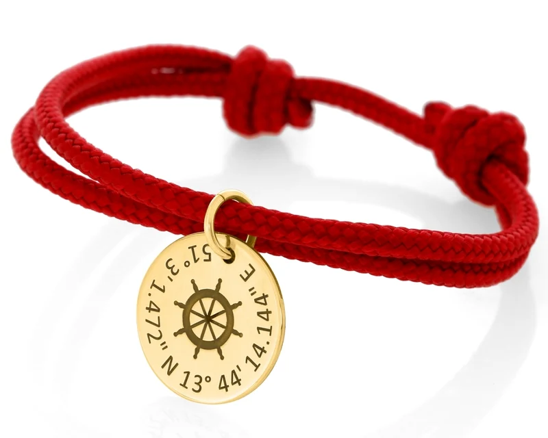 Gravur Armband mit Steuerrad Koordinaten Schmuck vergoldet Segelseil 3mm