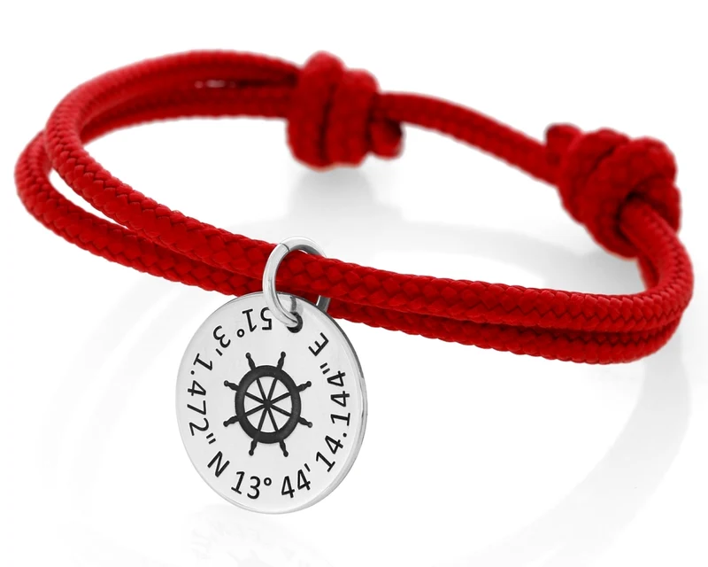 Damenarmband 3mm Segelseil rot maritim Anhänger Steuerrad Gravur