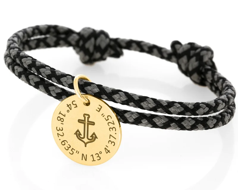 Armband 3mm Segelseil schwarz grau Anhänger Anker Koordinaten vergoldet