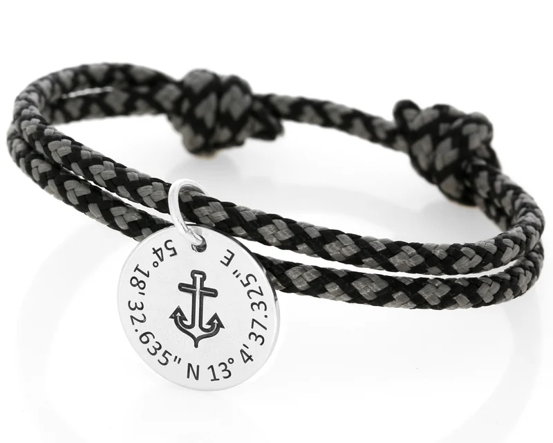Herrenarmband Segelseil 3mm schwarz grau gemustert Gravur Anhänger Anker
