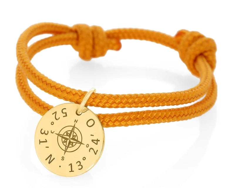 Gravur Anhänger Kompass 925 Sterling Silber vergoldet Segelseil orange 3mm