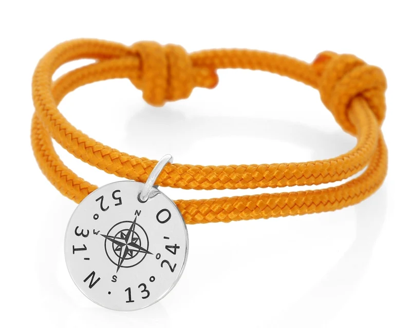 Segelseil orange 3mm Gravur Anhänger Kompass 925 Sterling Silber