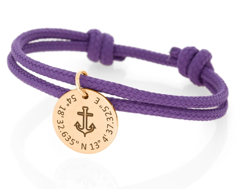 Personalisiertes Segelseil 3mm Armband lila Gravur Anhänger Anker rosé vergoldet